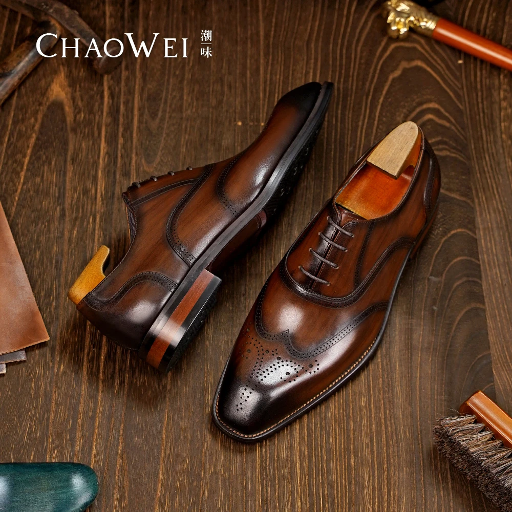 潮味手工皮鞋正装商务透气皮鞋方头真皮休闲透气男士牛津鞋A705