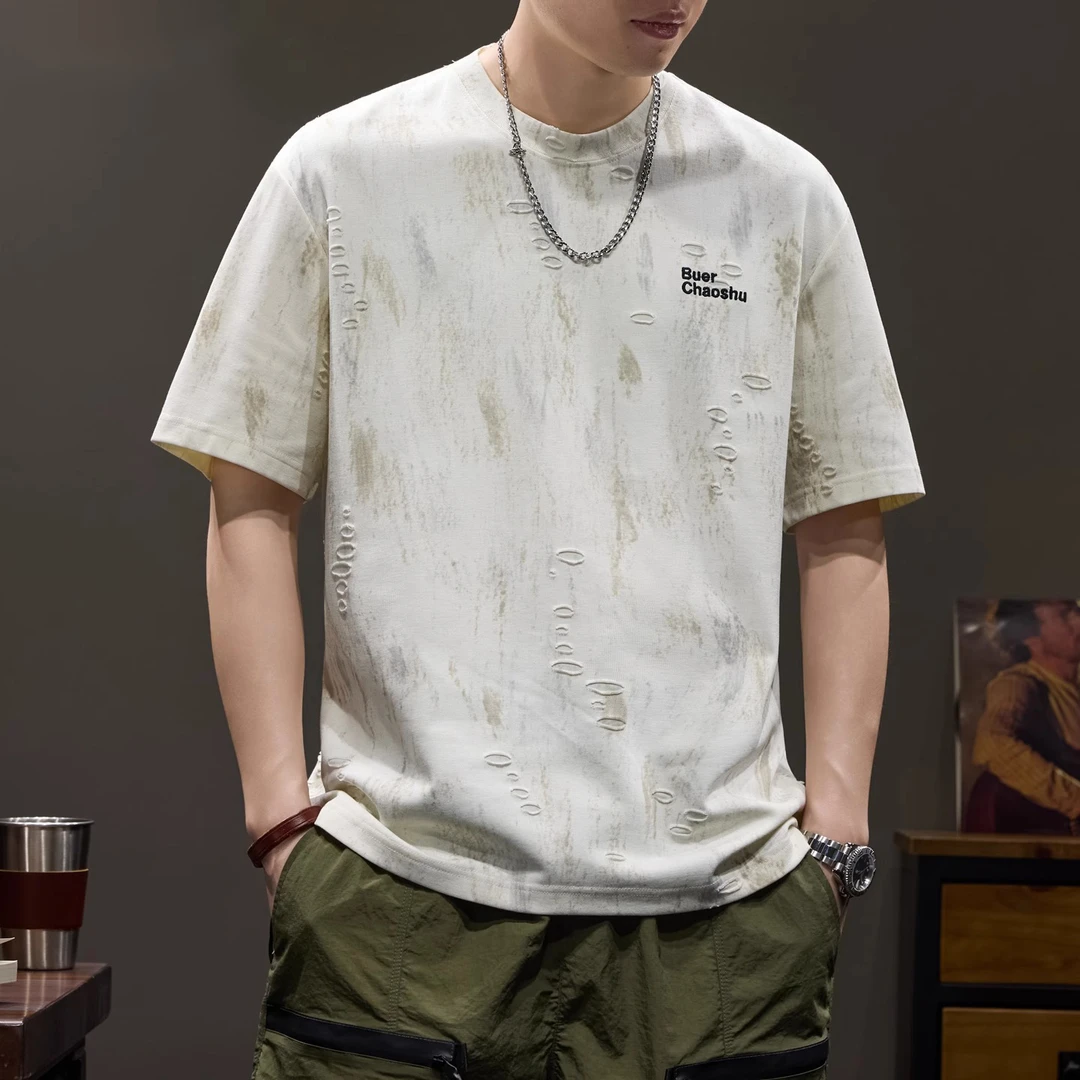MR.MUDI/穆迪先生美式复古高端云染提花短袖T恤男夏宽松刺绣上衣