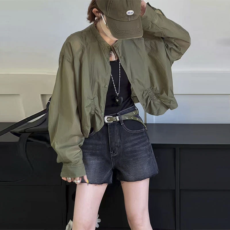 防晒衣时尚短外套女士2025夏季新款百搭宽松显瘦圆领长袖休闲上衣