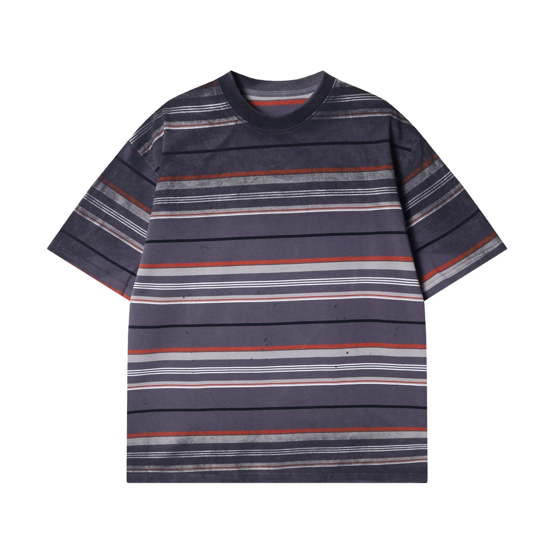 春夏新款时尚个性渐变条纹泼墨圆领半袖T恤潮流情侣百搭宽松上衣
