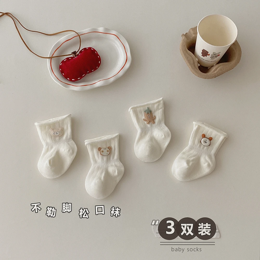 宝宝袜子秋冬款无骨棉袜松口卷边袜新生儿不勒脚男女宝白色中筒袜