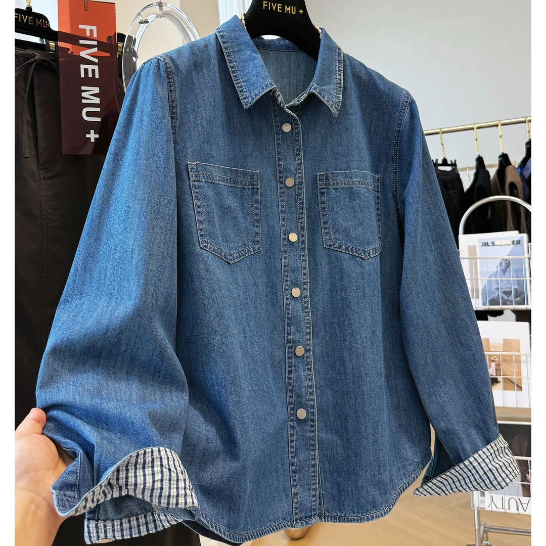 高级感巨好的休闲长袖牛仔衬衫女秋季韩系独特叠穿内搭单穿上衣潮