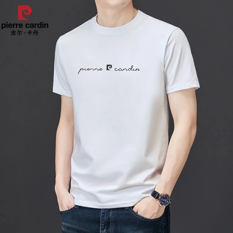 皮尔卡丹夏季重磅圆领短袖字母印花T恤男纯色宽松简约百搭上衣