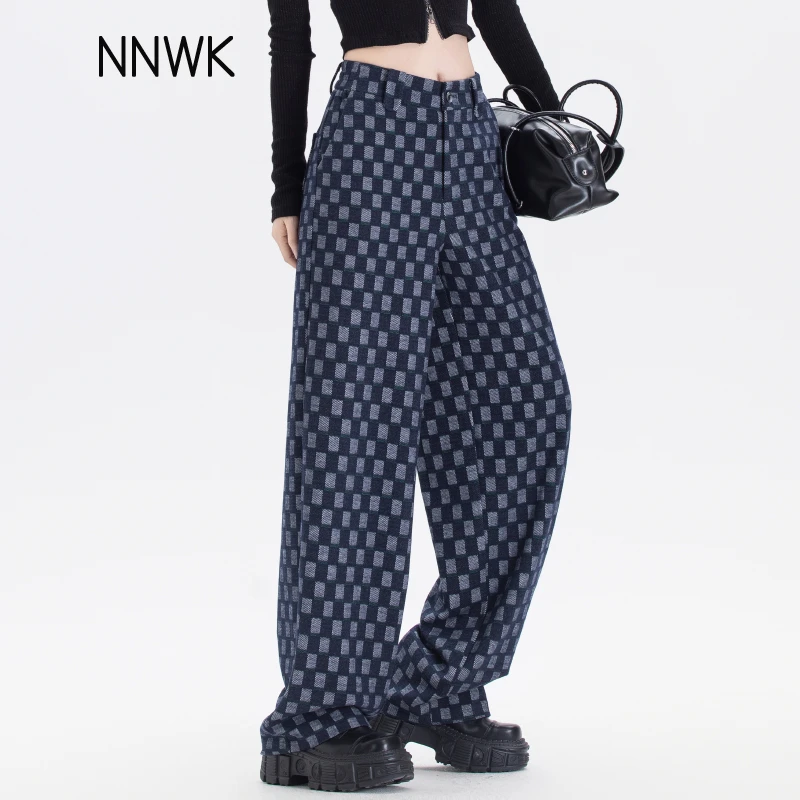 休闲棋盘格裤子女2025春季新款高腰垂感阔腿裤宽松显瘦直筒休闲裤