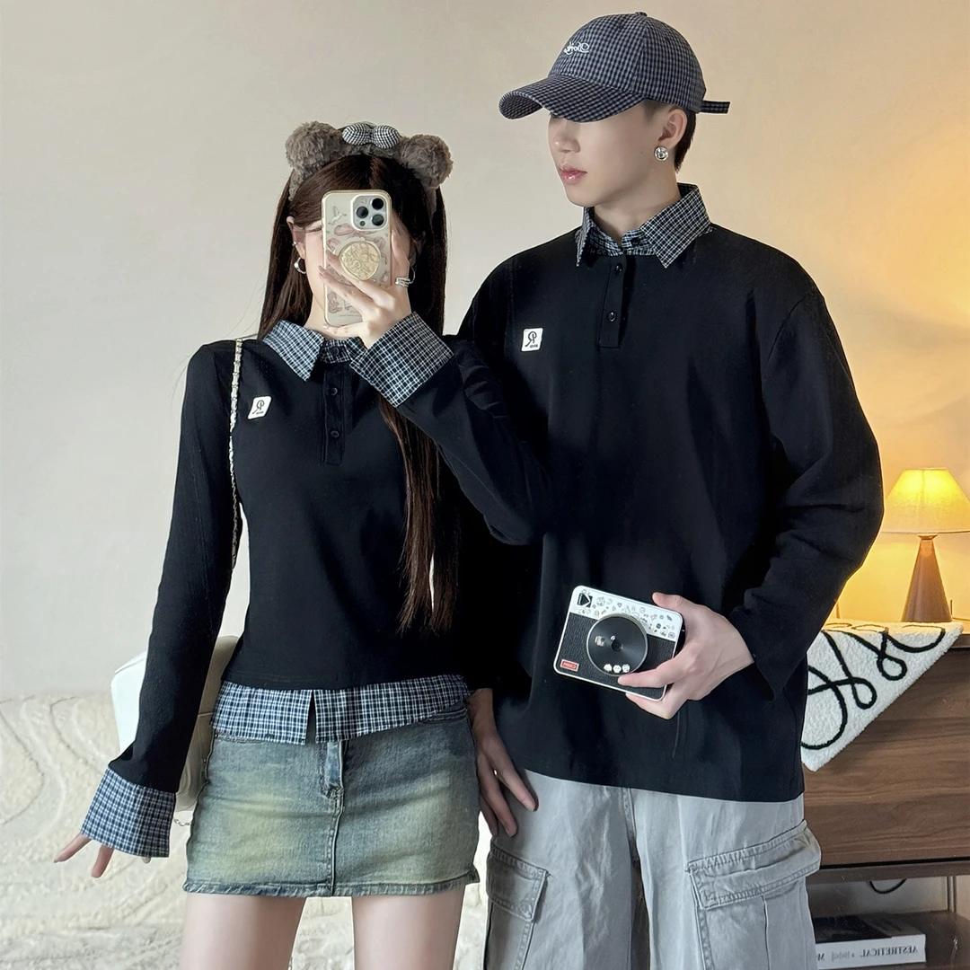 2025新款秋季情侣装ins学院风设计感假两件polo领显瘦长袖上衣潮
