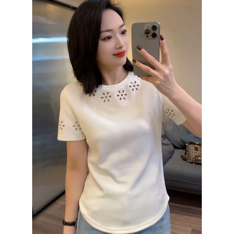 镂空花朵T恤女夏季新款百搭短袖纯色绣花上衣显瘦高品质T恤 25054