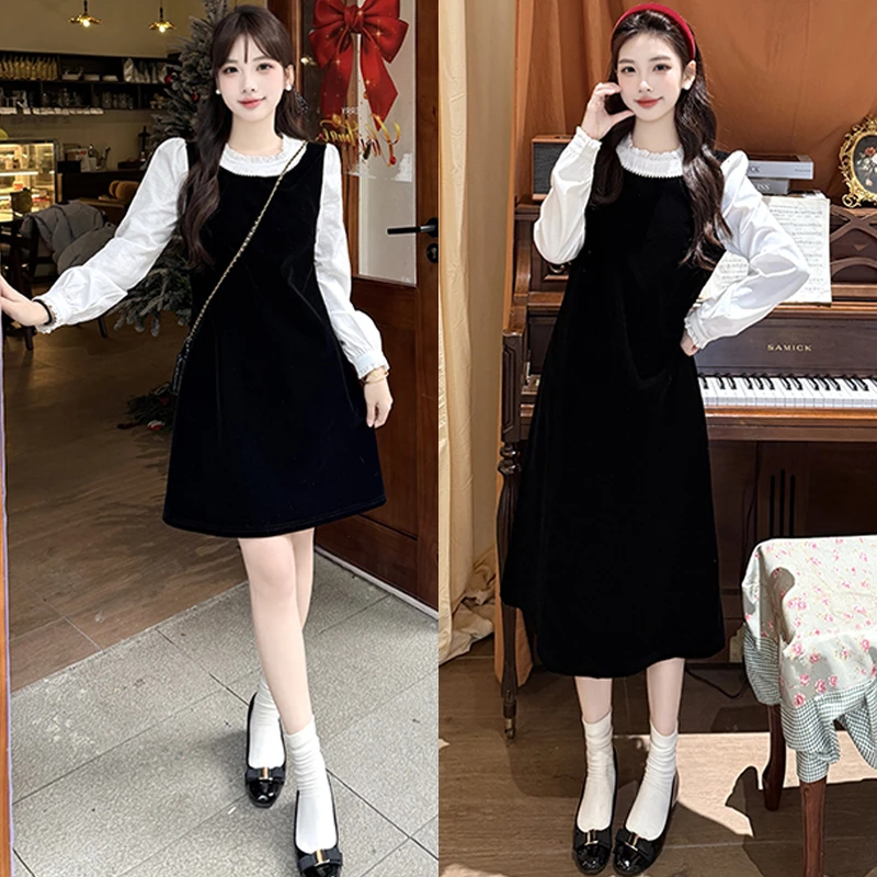 大码胖mm女装冬季新款赫本风黑色长裙蕾丝拼接长袖加厚连衣裙女