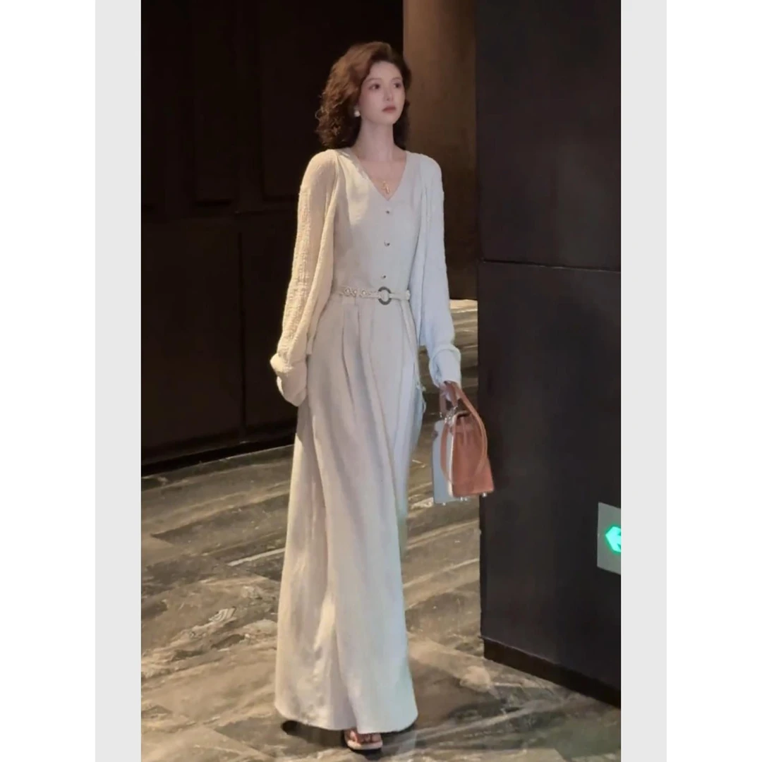 早秋新款大方得体穿搭定制一整套端庄优雅白色无袖连衣裙开衫套装