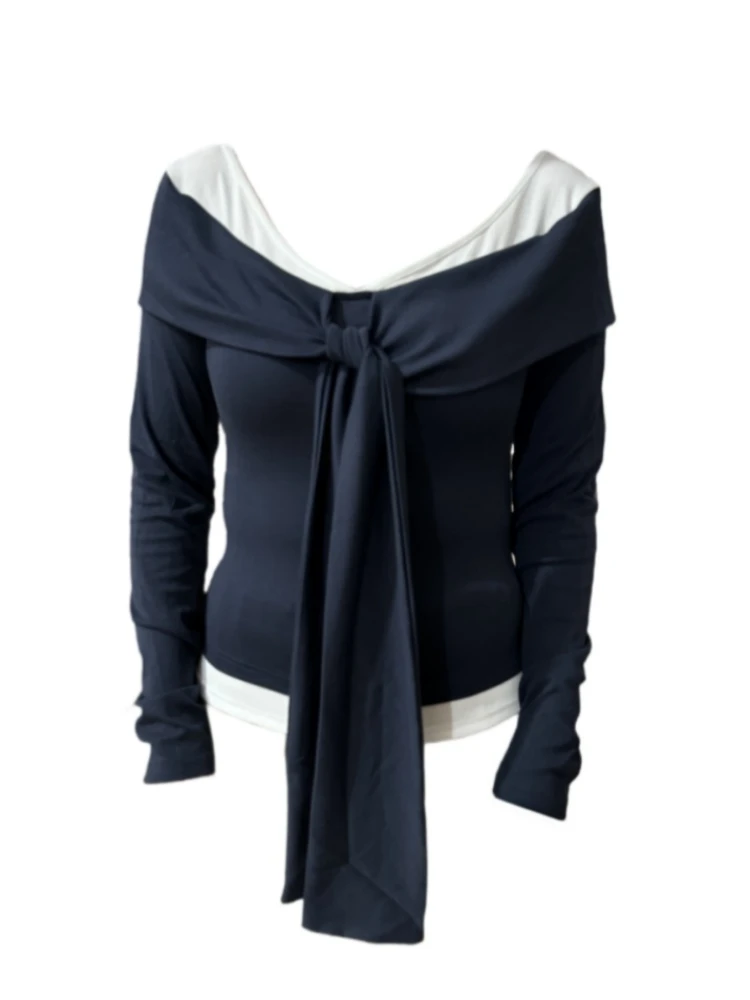 【Amy家】微胖mm纯欲风打结领露肩长袖T恤女设计感假两件巨显瘦上衣