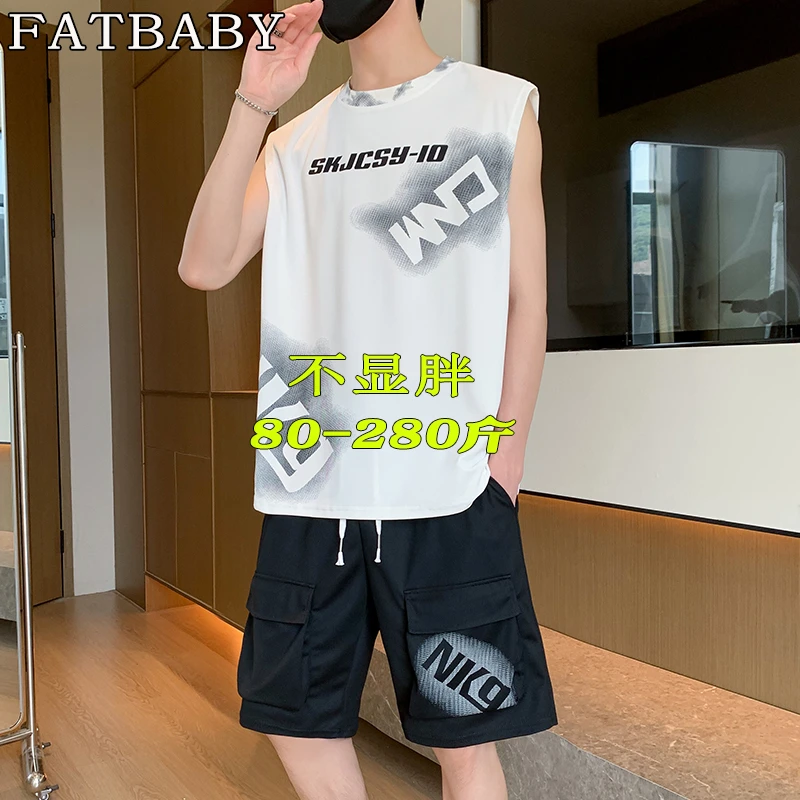美式潮流印花背心胖男士套装夏季轻薄大码休闲运动宽松无袖两件套