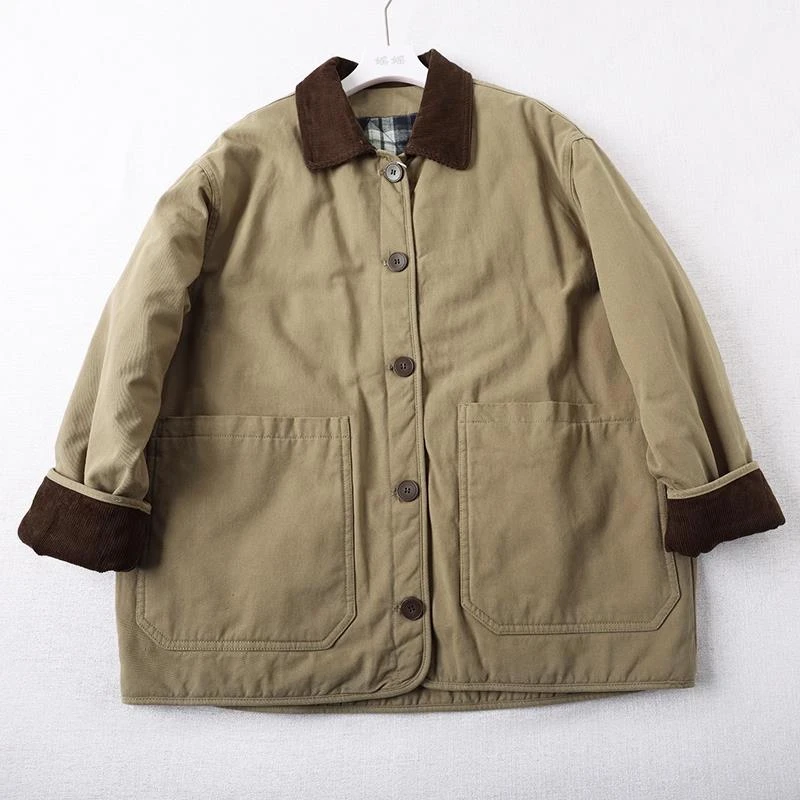 韩版慵懒风撞色保暖翻领棉衣秋冬爆款时尚宽松个性拼接中长款外套