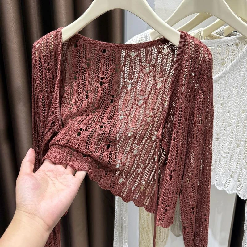 软糯针织红色百搭防晒开衫女夏配吊带裙外搭系带披肩镂空薄款罩衫