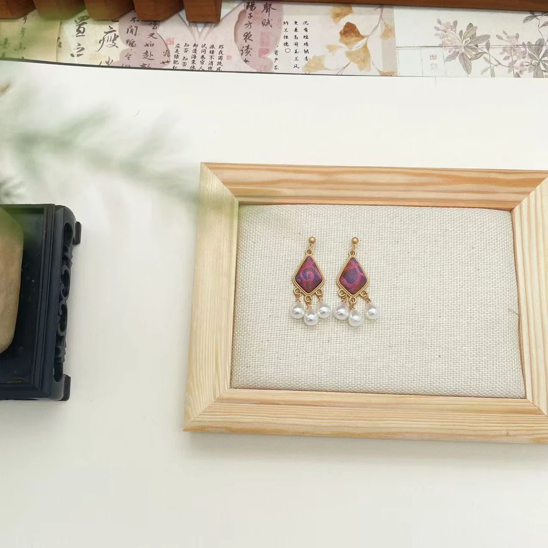 新中式张和才四川古蜀锦葡萄蔓藤紫 珍珠耳环