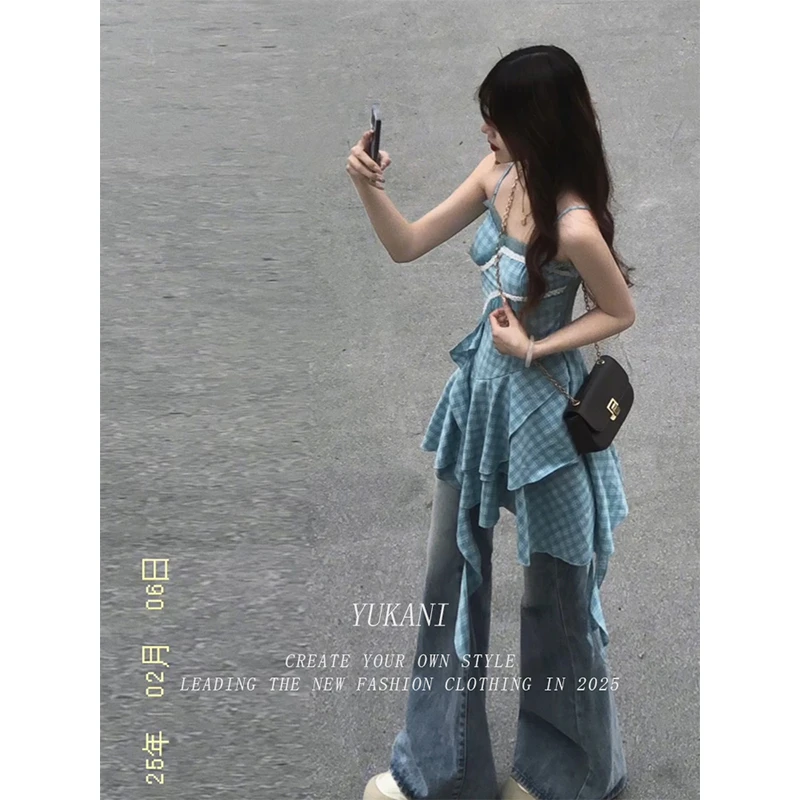 不规则蓝色格纹无袖吊带背心女夏季别致小众外穿打底绝美坎肩上衣