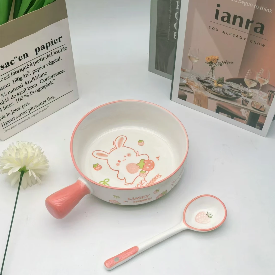 【1碗1勺】陶瓷草莓兔手柄烤碗泡面碗吃饭碗勺家用餐具学生宿舍碗
