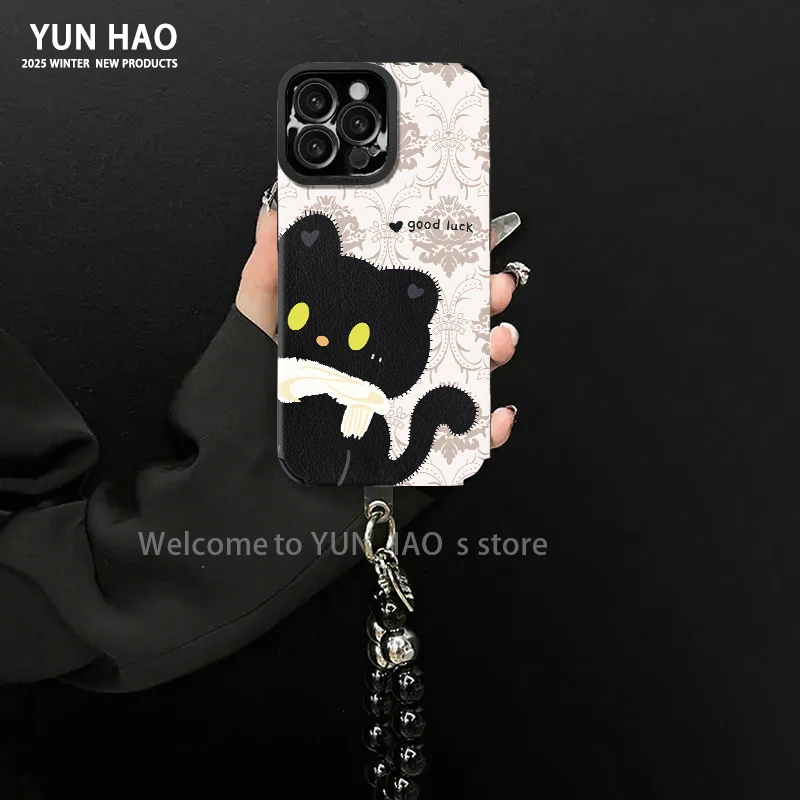 轻奢黑猫适用苹果17vivo华为oppo小米15瞳眼全包小羊皮手机壳女款