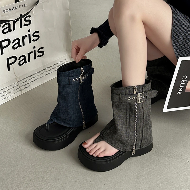 OJRZ时尚新款复古夹趾凉靴厚底2025爆款一字扣带波西米亚凉鞋女鞋