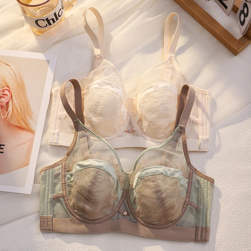 性感蕾丝内衣女大胸显小薄款收副乳防下垂软钢圈调整型文胸罩夏季