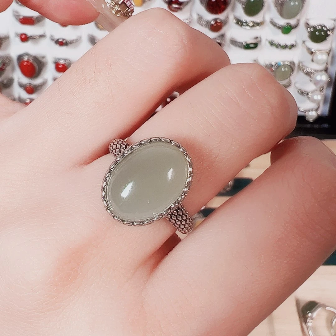 和田玉戒指银S925镶嵌