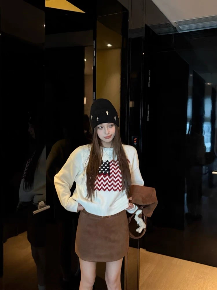 美式国旗复古印花短款套头毛衣女早秋穿搭小个子洋气长袖针织上衣