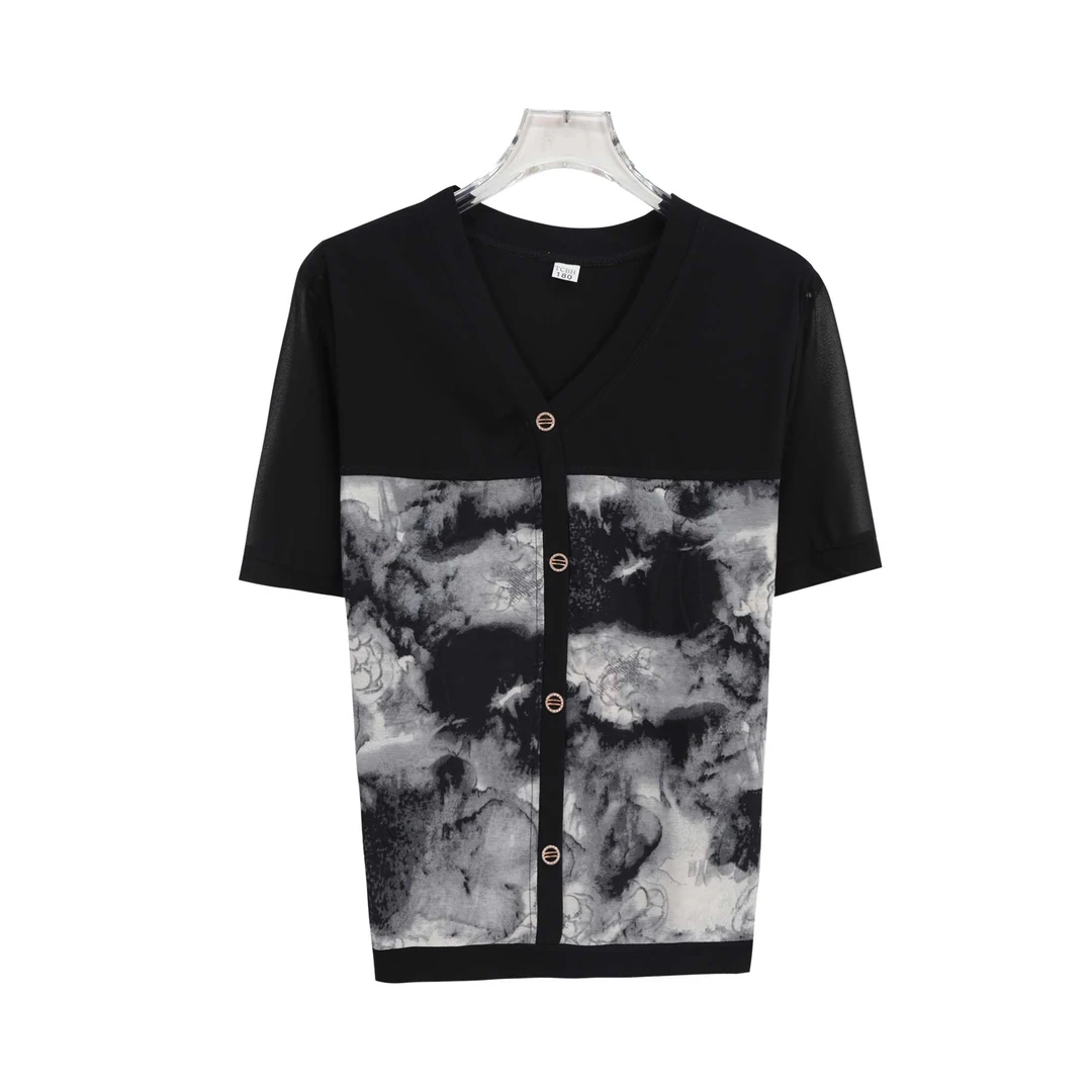 时尚V领拼接短袖印花T恤衫洋气休闲百搭上衣X26859