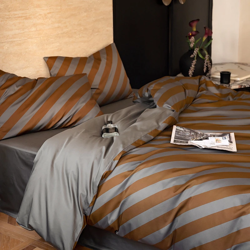 A类100S新疆长绒棉四件套简约印花条纹复古轻奢高级床上春夏被套