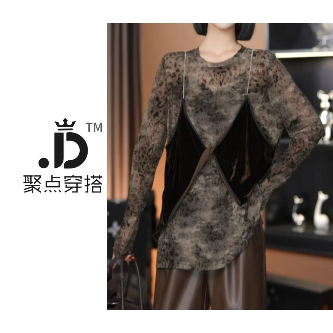 JUDIAN-【复古摩登】植绒印花假两件吊带设计感洋气小衫8jd00224