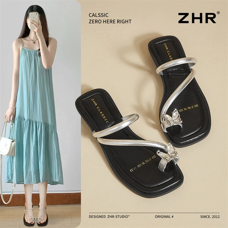 ZHR则则蝴蝶夹趾凉拖女2025新款方头百搭外穿拖鞋法式仙女凉拖鞋