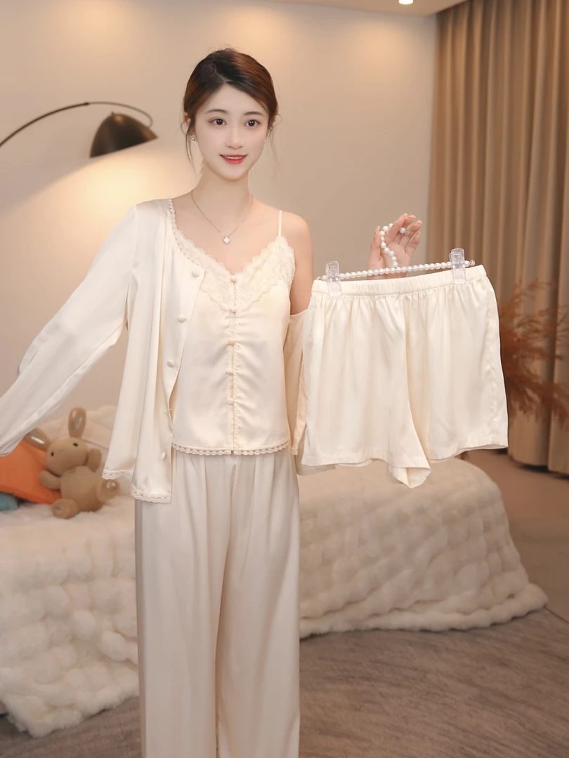 板栗小姐【卿纱四件套】新品春秋薄款长袖吊带宽松套装蕾丝家居服