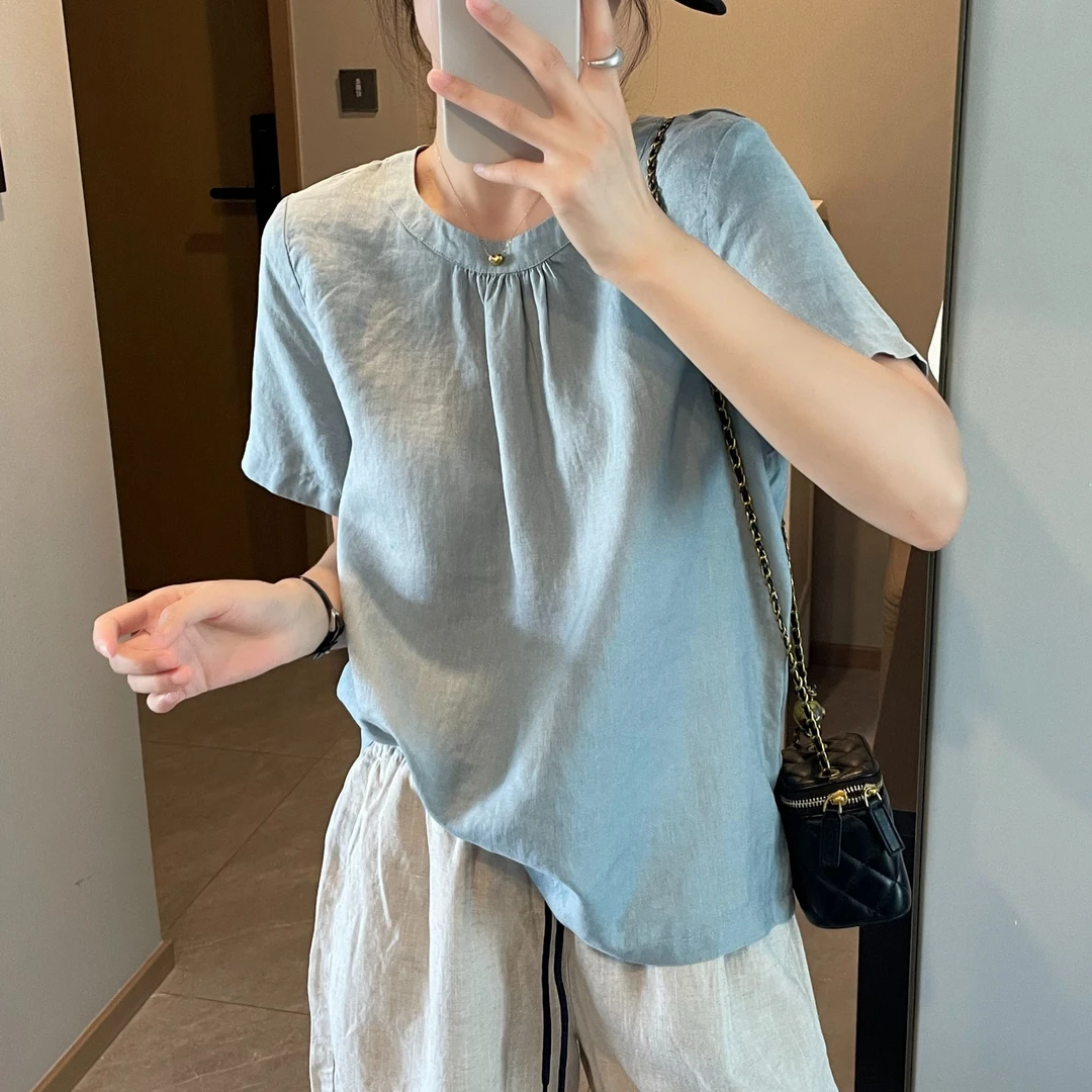 「100%纯亚麻 文艺小衫」设计感前后两穿 夏季宽松显瘦百搭衬衫H609