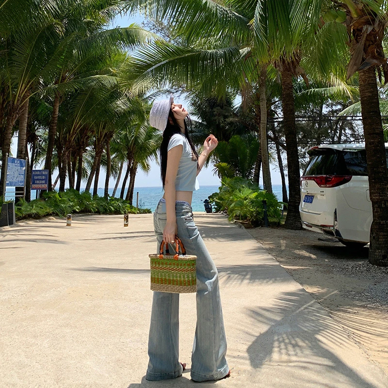 夏季辣妹休闲天空蓝浅色低腰微宽松弹力显瘦百搭微喇牛仔裤薄款