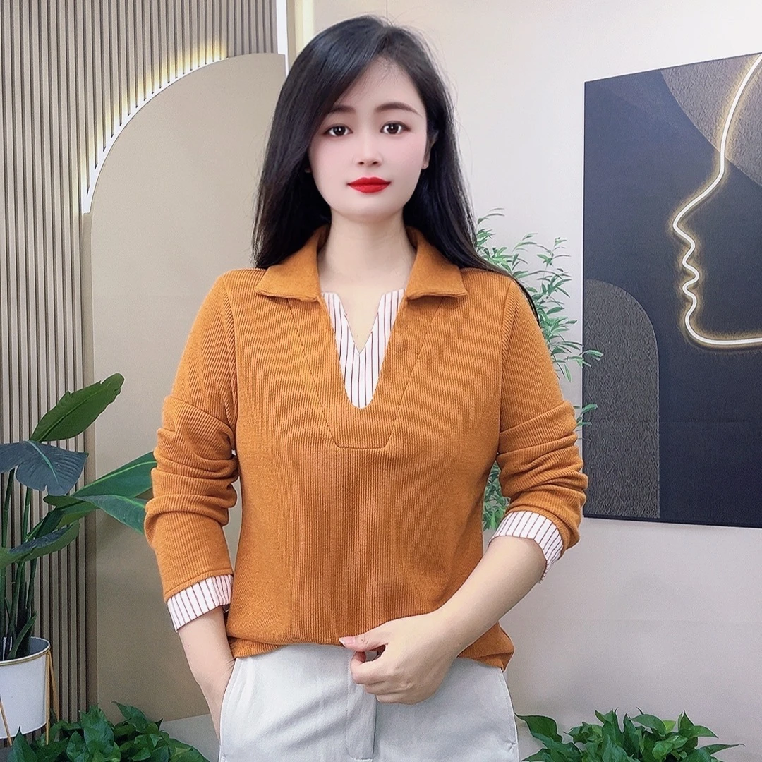 女装秋款爆款2025新款拼接V领假两件女装套头衬衣洋气高贵上衣