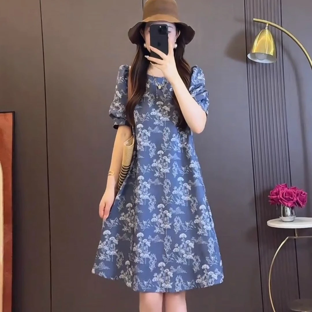 大码胖mm短袖设计款高级感显瘦遮肚子碎花公主泡泡袖A字裙连衣裙