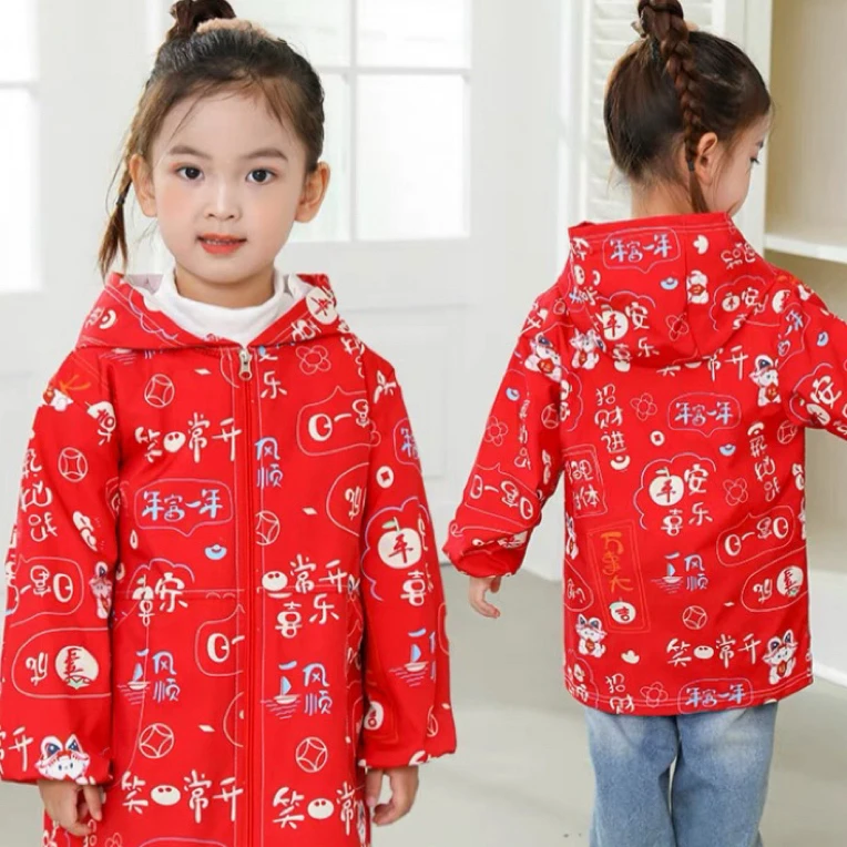 小孩秋冬防水罩衣红色过年拜年服外穿宝宝洋气防脏护衣