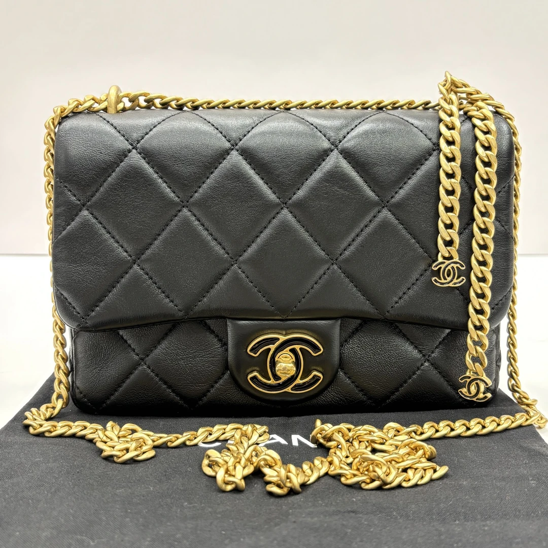 95新 Chanel/香奈儿 黑金珐琅扣方胖子单肩斜挎包 12715