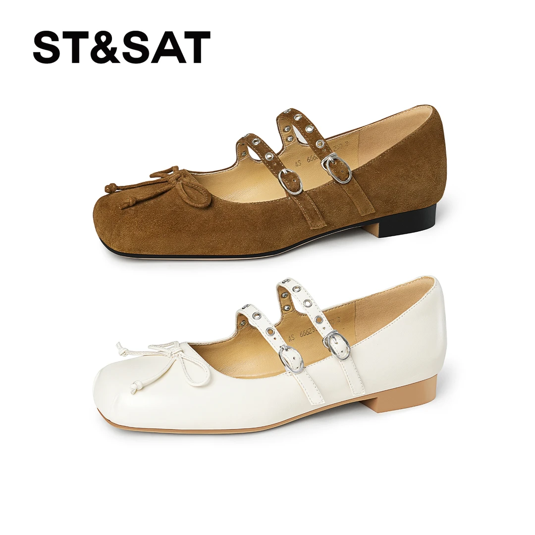 星期六时尚百搭春季方头玛丽珍鞋粗跟蝴蝶结韩版芭蕾风浅口单鞋