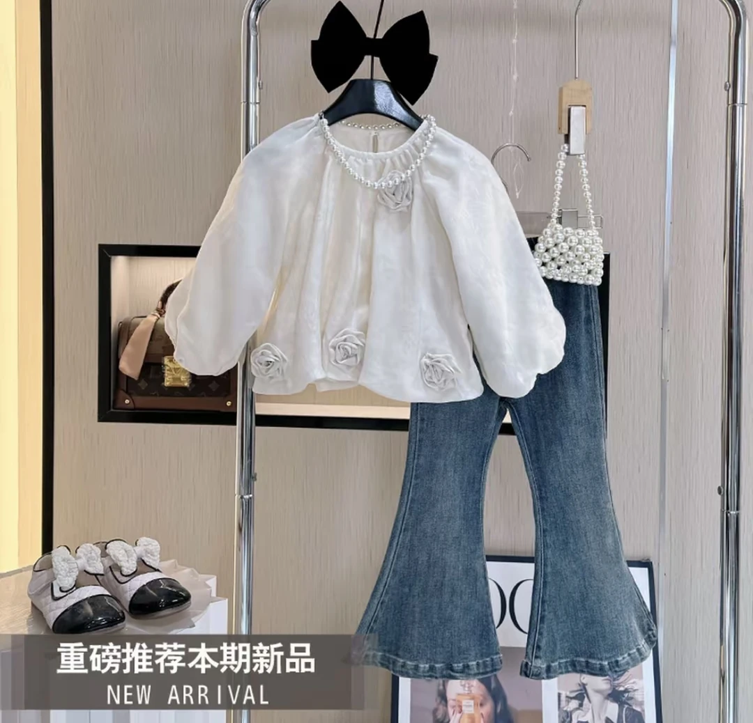 女童娃娃衫2025春秋新款儿童韩版洋气宝宝甜美长袖牛仔喇叭裤套装
