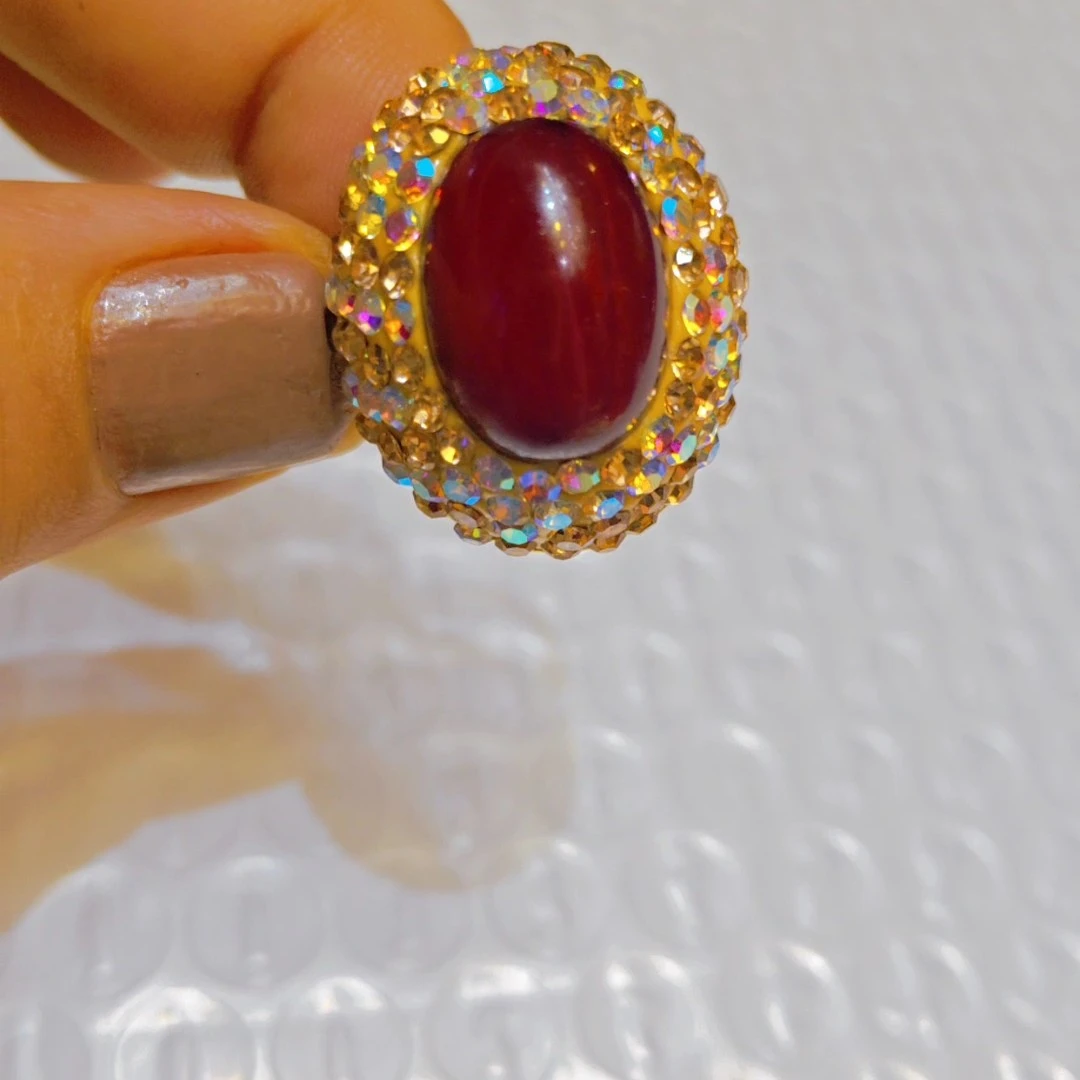 铜合金大理石戒指 气质合金镶嵌红色食指百搭轻奢复古大方