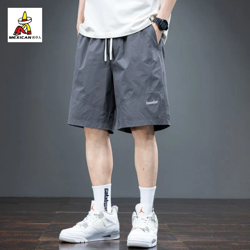 稻草人2025夏季新款男士冰丝宽松休闲短裤刺绣松紧腰透气五分裤子