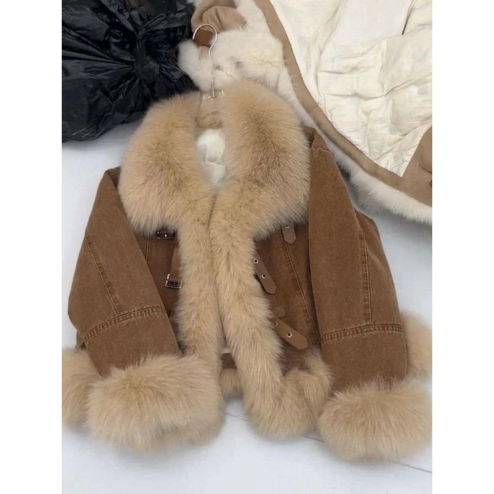 韩系毛领牛仔秋冬外套时尚加厚高级感超保暖超好看加绒宽松棉服潮