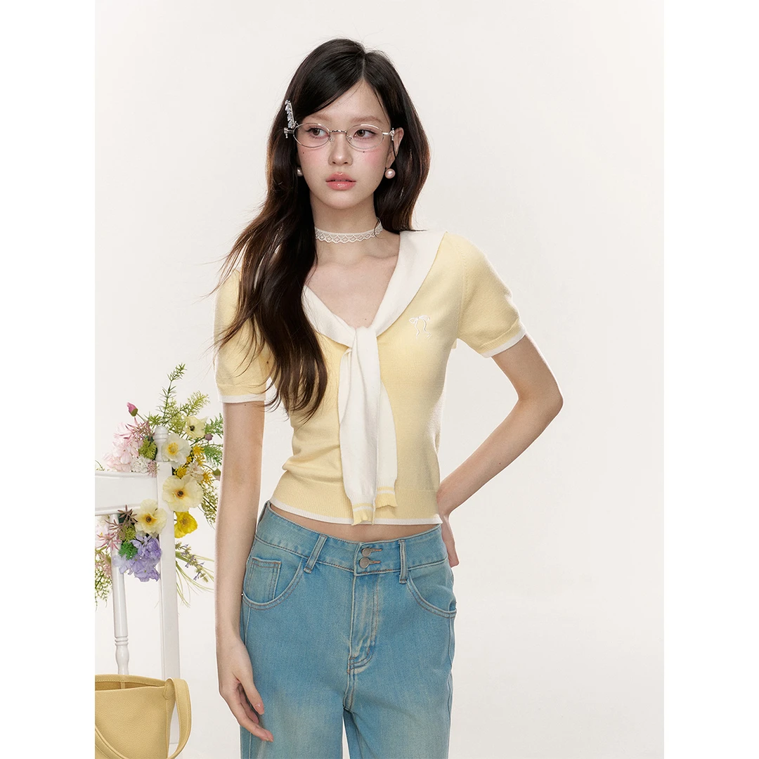 16DEWS 奶油黄海军领撞色短袖针织衫