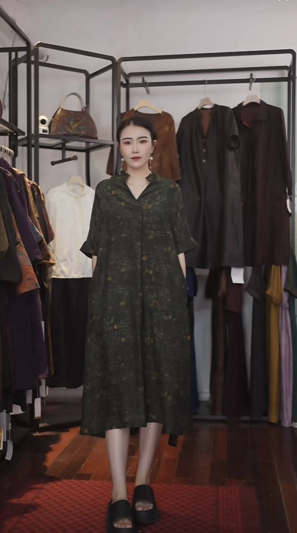 【苔青裙】 印花中腰气质女装提花短袖新中式277-62835苔青裙