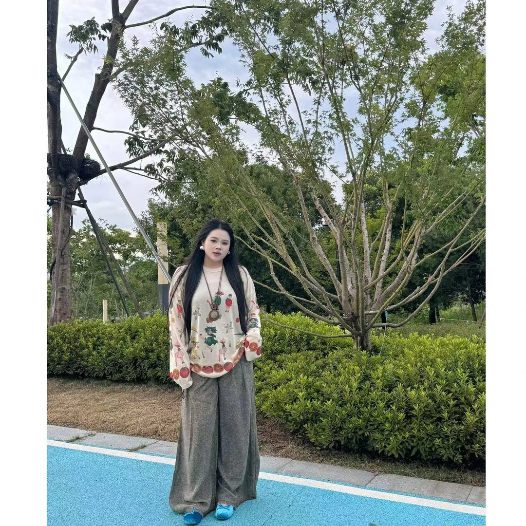 富士山下 复古大版慵懒碎花圆领上衣宽松休闲流苏裤套装