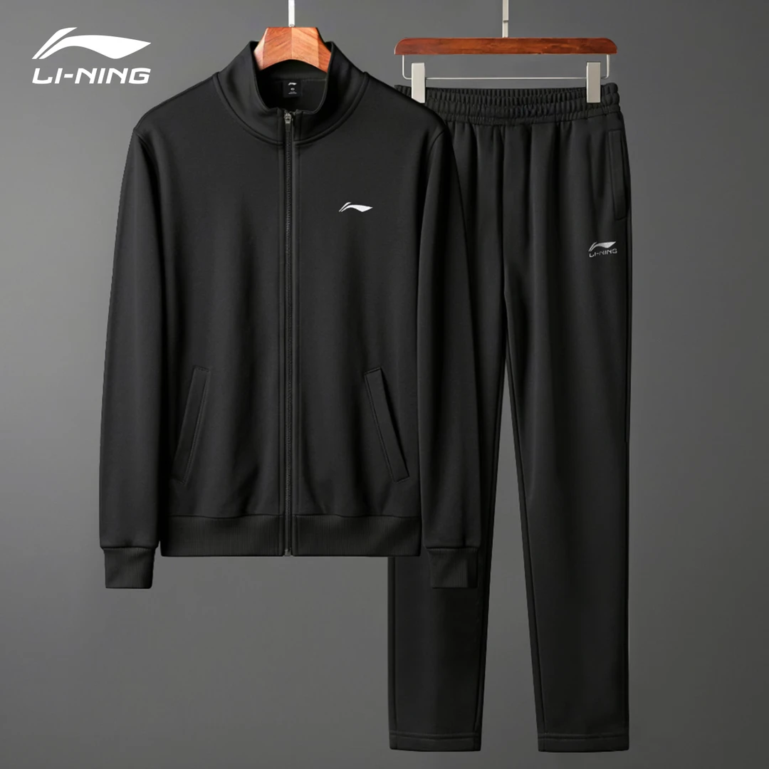 李宁运动套装男士2025秋季百搭简约黑色开衫卫衣休闲宽松直筒长裤