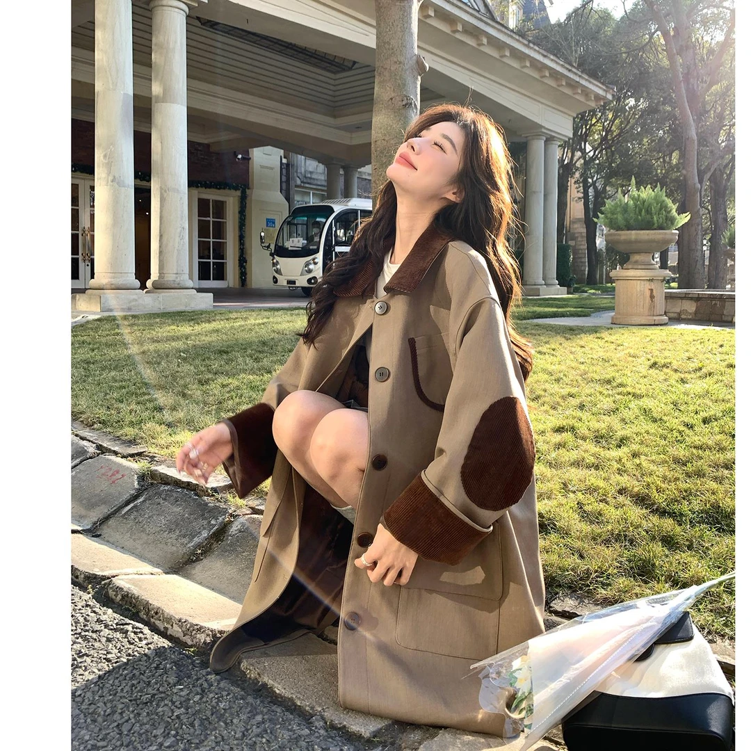 卡其色设计感小众宽松大码胖妹妹mm风衣外套韩系温柔孕妇秋装大衣