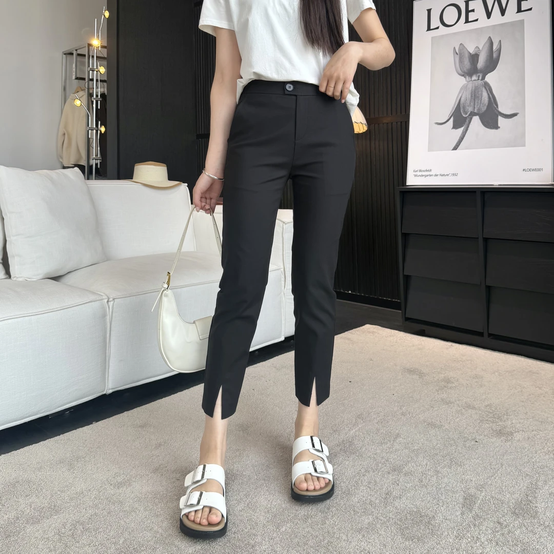 索菲丝尔夏季棉混纺九分烟管裤脚口开叉显瘦高腰休闲女裤521375