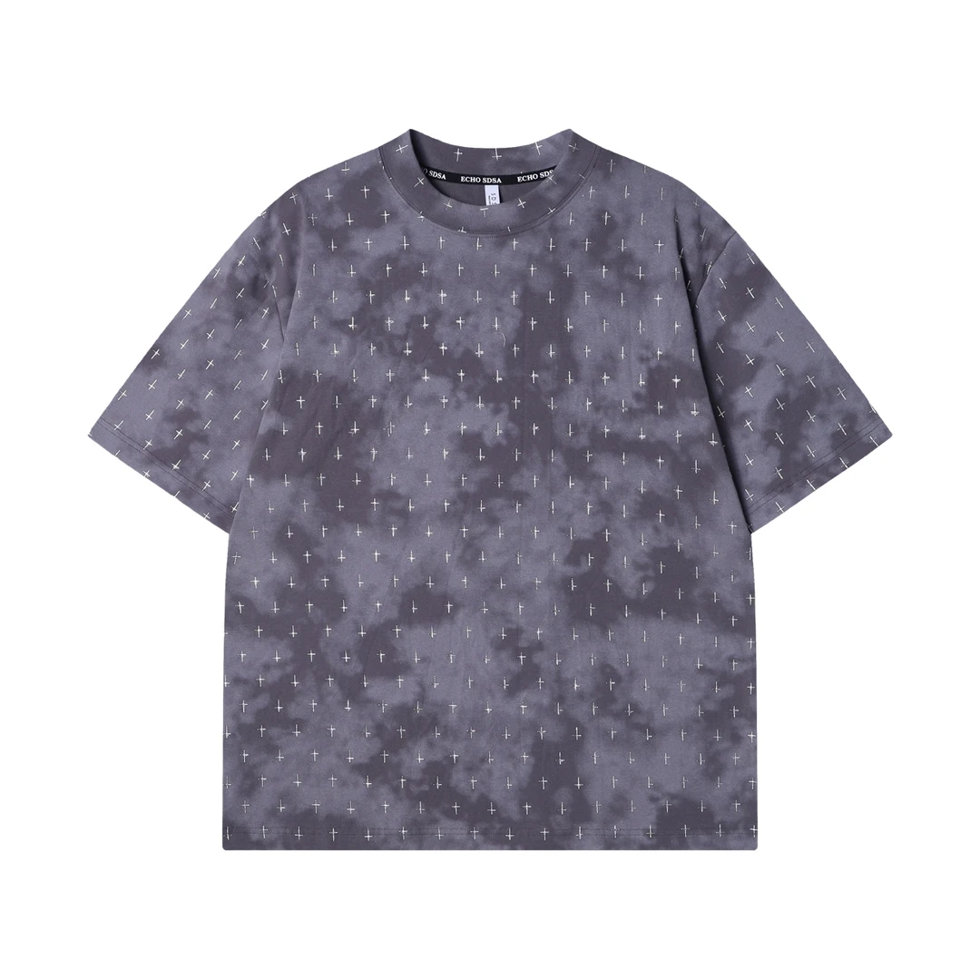 夏季高级感新款美式扎染十字印花圆领短袖T恤嘻哈痞帅百搭上衣