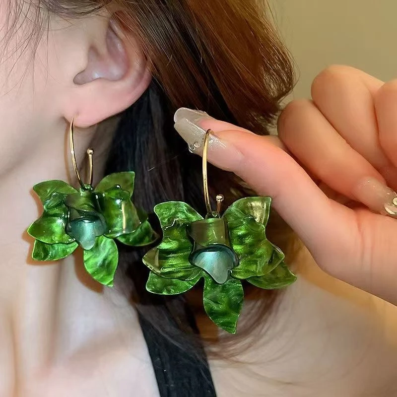 合金树脂耳饰 绿色白色植物花卉韩版韩式耳环简约设计感小众时尚