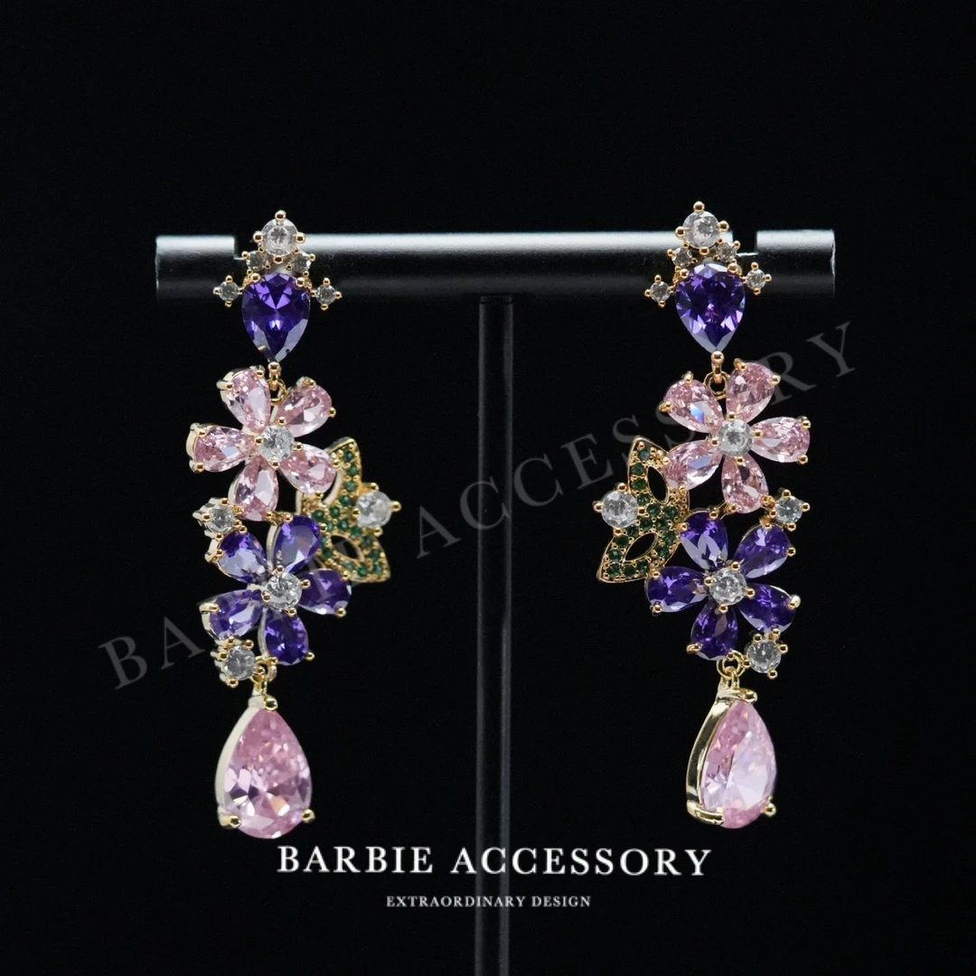 铜合金合成锆石耳饰 【花紫粉艺】法式既视设计款高级感绝美耳环