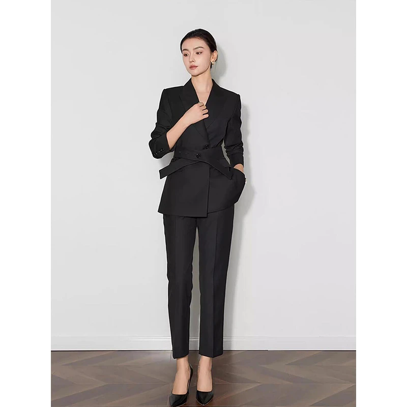 律政俏佳人高级感工作服黑色系腰带显瘦西装时尚套装九分裤两件套